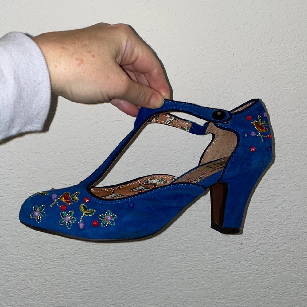 Miss L. Fire - Blue suede embroidered heels sz 39